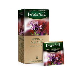 Ceai negru Greenfield Spring Melody, 25 pliculete*1,5 g, cu aromă de cimbru, menta, frunza de coacaza neagra