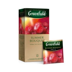 Ceai de plante Greenfield Summer Bouquet, 25 pliculete x 2 g, cu aromă de zmeură, hibiscus, mere uscate, măceș
