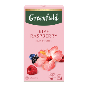 Ceai de plante Greenfield Ripe Rasberry, 20 pliculete x 2 g, cu aroma de zmeura, afine, mure, hibiscus, mar, macese, frunza de mur