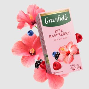 Ceai de plante Greenfield Ripe Rasberry, 20 pliculete x 2 g, cu aroma de zmeura, afine, mure, hibiscus, mar, macese, frunza de mur